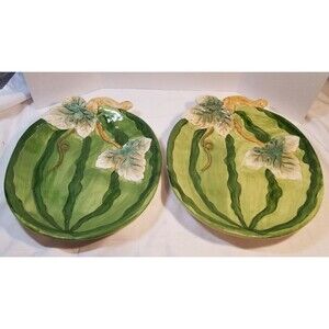 Mid Century 2 Majolica Ceramic Hand Painted Watermelon Plates/Platters